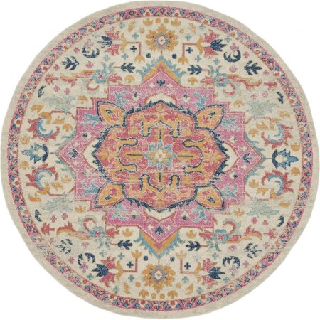 Palacedesigns 8 ft. Round Ivory & Pink Medallion Area Rug PA3651695
